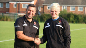 Spennymoor Town boss Graeme Lee with new signing Callum Luck