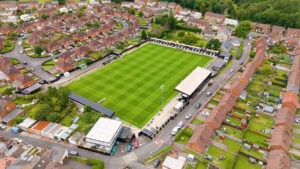 An aerial photograph of Spennymoor Town's Brewery Field stadium