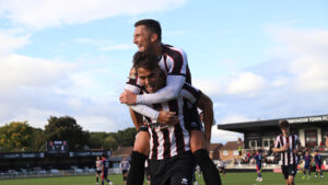 Spennymoor Town midfielder Isaac Fletcher celebrates his goal against Chorley