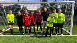 Spennymoor Town's Brad James and Blackburn Rovers' Aynsley Pears with the young goalkeepers