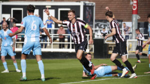 Spennymoor Town striker Glen Taylor celebrates his goal against Morpeth Town