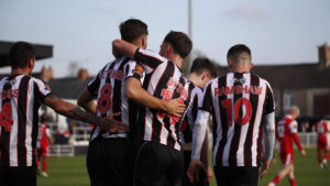 Spennymoor Town midfielder Isaac Fletcher celebrates his goal against Kidderminster Harriers