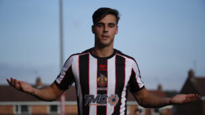 Spennymoor Town midfielder Isaac Fletcher celebrates his goal against Kidderminster Harriers