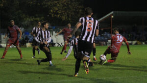 Spennymoor Town defender Reece Staunton in action at Alfreton Town