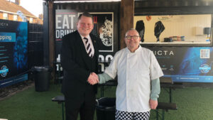 Spennymoor Town Managing Director Ian Geldard with Brian Dixon of The Chippy