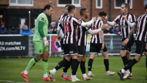 Spennymoor Town midfielder Rob Ramshaw celebrates his goal against South Shields