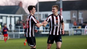 Spennymoor Town stars Corey McKeown and Glen Taylor celebrate