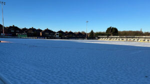 Snow laying on Spennymoor Town's pitch at The Brewery Field