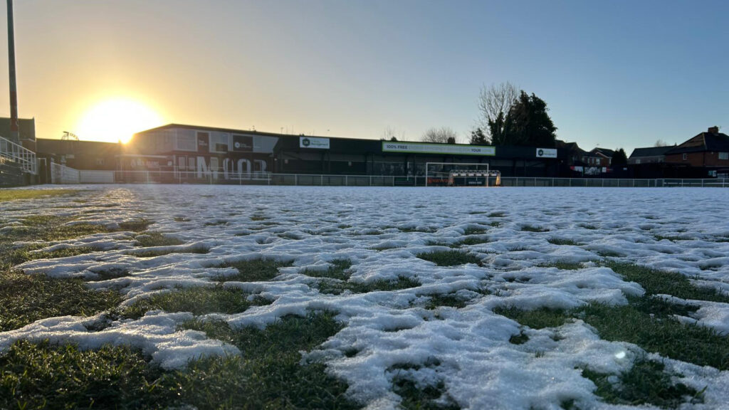 Snow is covering the Spennymoor Town pitch at The Brewery Field