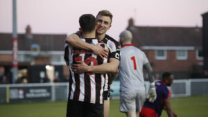 Spennymoor Town players Glen Taylor and Rob Ramshaw celebrate