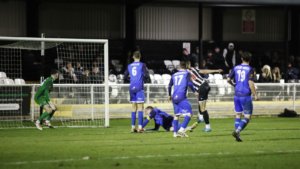 Spennymoor Town striker Glen Taylor sees his header hit the post in the game against Marine