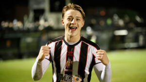 Spennymoor Town midfielder Finley Shrimpton celebrates