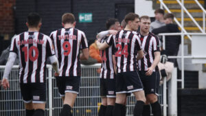 Spennymoor Town players celebrate Matty Dolan's goal against Farsley Celtic