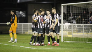 Spennymoor Town players celebrate a goal against Needham Market