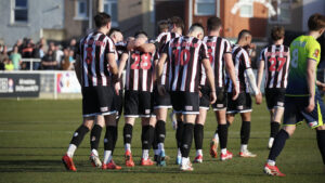 Spennymoor Town players celebrate their goal against Peterborough Sports