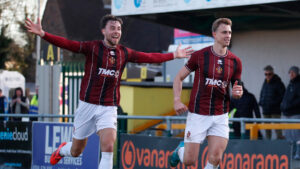 Spennymoor Town's Reece Staunton and Glen Taylor celebrate a goal at Sutton United