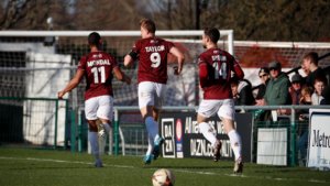 Spennymoor Town striker Glen Taylor celebrates his goal against Sutton United