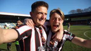 Spennymoor Town midfielder Rob Ramshaw and Finley Shrimpton celebrate