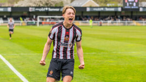 Spennymoor Town midfielder Finley Shrimpton celebrates his goal against Scarborough Athletic
