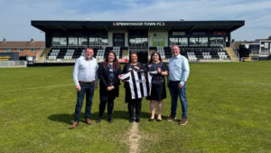 Spennymoor Town's Ian Geldard and Stephen Gilling with Hays Travel at The Brewery Field