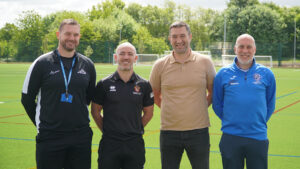Spennymoor Town's Graeme Lee and Gavin Cogdon with Ronnie Thompson and Barry Poskett from New College Durham