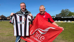 Spennymoor Town's Stephen Gilling with Jim Bainbridge from Unite the Union