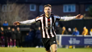 Defender Reece Staunton celebrates a winning penalty for Spennymoor Town