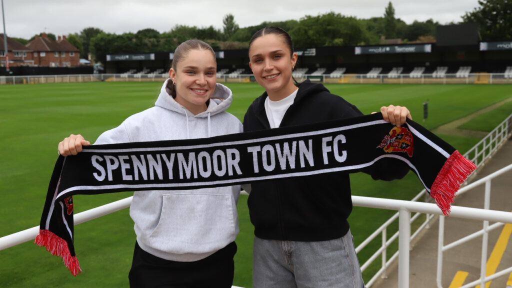 New Spennymoor Town Ladies signing Meg Elliott with her sister Amy at The Brewery Field