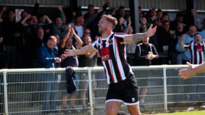 Spennymoor Town defender Dan Rowe celebrates his goal against Hereford