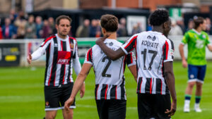 Olly Dyson celebrates after scoring for Spennymoor Town against Chadderton