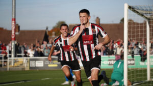 Spennymoor Town midfielder Rob Ramshaw celebrates his goal against Billericay Town