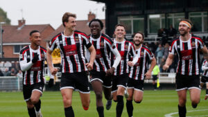 Spennymoor Town players celebrate a goal at The Brewery Field