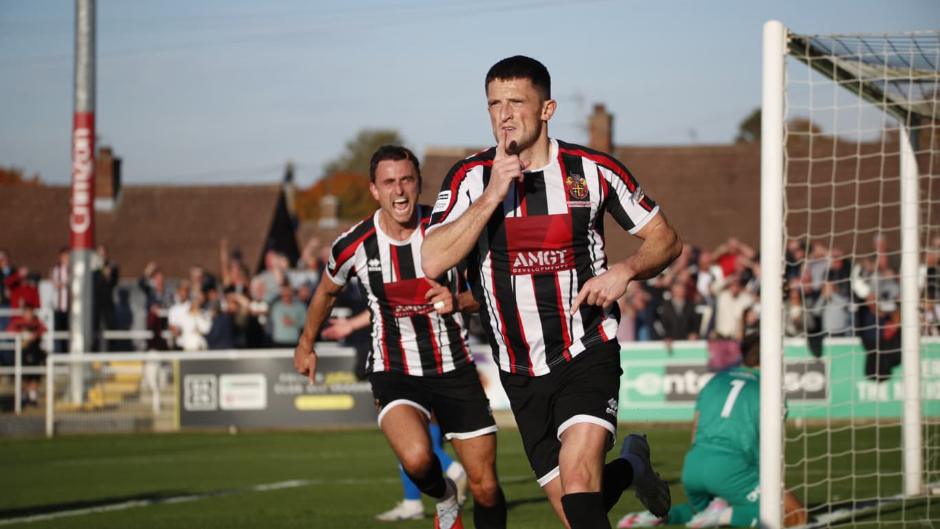 Spennymoor Town midfielder Rob Ramshaw celebrates his goal against Billericay Town