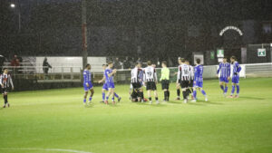 Rain coming down at The Brewery Field during Spennymoor Town v Chester