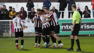 Spennymoor Town players celebrate a goal at The Brewery Field