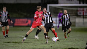 Spennymoor Town midfielder Tom Pugh in action against Chorley