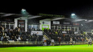 Heavy rain at The Brewery Field during Spennymoor Town v Chester