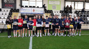 Spennymoor Town players with toy donations