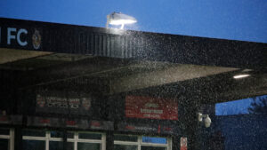 Rain pours down at The Brewery Field during Spennymoor Town v Chester