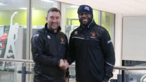 Spennymoor Town boss Graeme Lee and new signing Frank Nouble