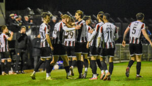 Spennymoor Town players celebrate a goal at The Brewery Field