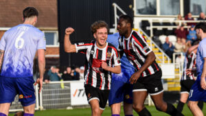 Spennymoor Town winger Kian Foreman celebrates his goal against Alfreton Town
