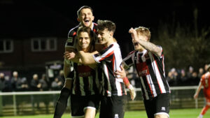 Spennymoor Town players celebrate a goal against Kidderminster Harriers