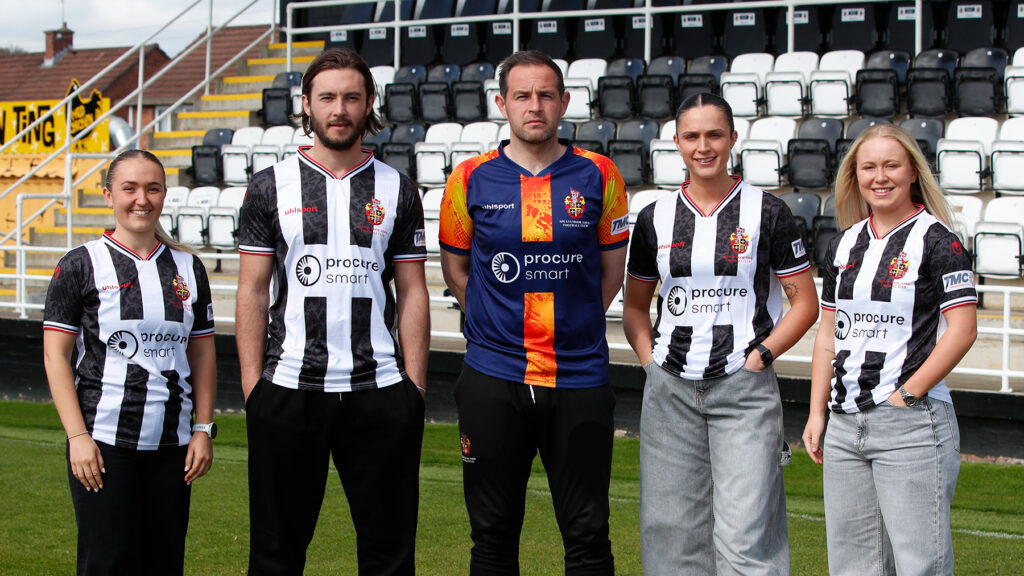 Spennymoor Town players model the home and away shirts for 2026/27 season