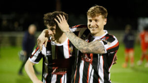 Spennymoor Town players Corey McKeown and Cam Salkeld celebrate a victory