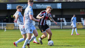 Spennymoor Town midfielder Cam Salkeld in action against Worksop Town