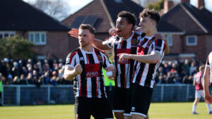 Spennymoor Town players celebrate their goal against South Shields