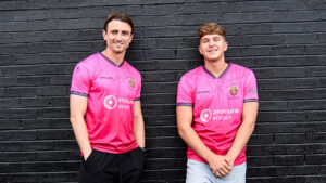 Spennymoor Town players Glen Taylor and Louis Stephenson in the Club's new pink third shirt