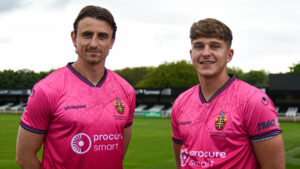 Spennymoor Town players Glen Taylor and Louis Stephenson in the Club's new pink third shirt